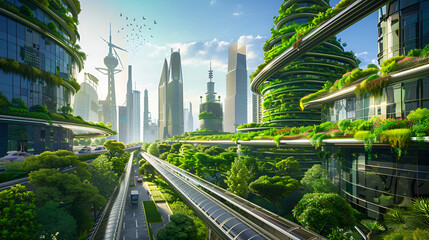Eco friendly futuristic architecture green building and wind turbines cityscape