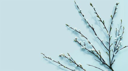 Poster - Minimalist spring banner with willow branches in glass on light blue background