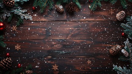 Sticker - Top view of wooden table with Christmas background and space for text