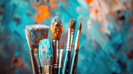 Canvas Print - Different paintbrushes on blurred artwork