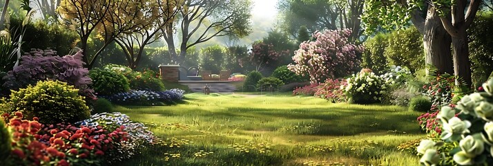 Wall Mural - Dreamy Garden with Lush Greenery and Vibrant Flowers 3D Illustration