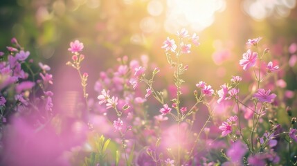 Wall Mural - Small delicate pretty pink to purple flower clusters in the field on a sunny spring day