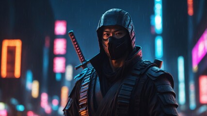 futuristic ninja samurai potrait standing in cyberpunk science fiction city at night, rain falling, 