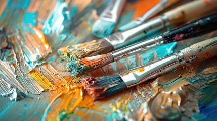 Canvas Print - Close up of artist paintbrushes on canvas