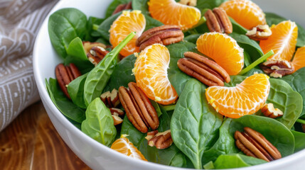 Wall Mural - A bowl of spinach salad with orange slices and walnuts