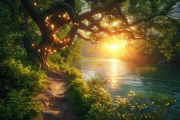 Wall Mural - a serene treelined path with sunlight professional photography