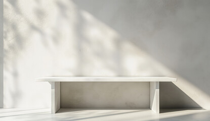 Leinwandbilder - Stone bench with soft sunlight shadows and marble stone walls and floor summer background. Empty place room with copy space and light beams interior design stone marble table