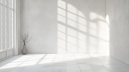 Aufkleber - White empty big room with soft sun light going through the window, white studio room with white vase in the corner and tile floor with bright gray marble stone walls. White interior room place cozy