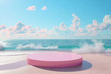 Pastel pink Stone pedestal in sand and sea landscape background, copy space for texting concept.