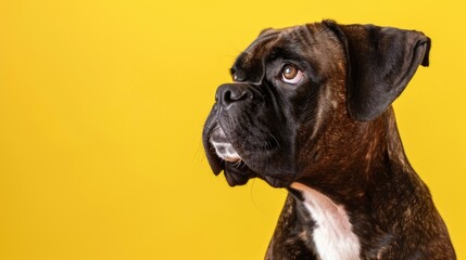 Poster - Boxer dog posing on yellow background