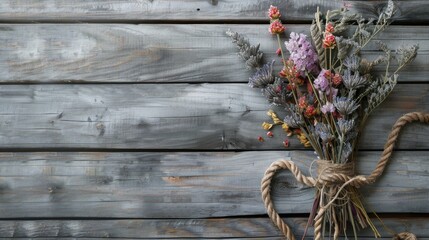 Sticker - Dried flowers as modern home decoration on rustic rope against wood background