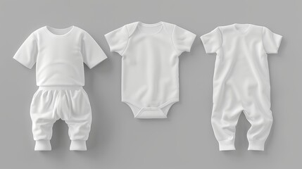 A mockup of a blank white baby suit with pants and a t-shirt. Isolated mock-up of an empty romper or jumpsuit for a babe. Sweatpants and tee shirt pajamas in clear template.