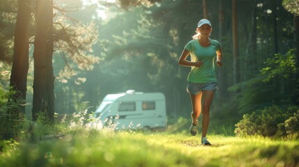The woman jogging in forest