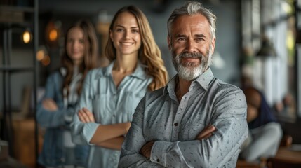 Wall Mural - Confident Business Professionals Pose with Arms Crossed in Office Environment