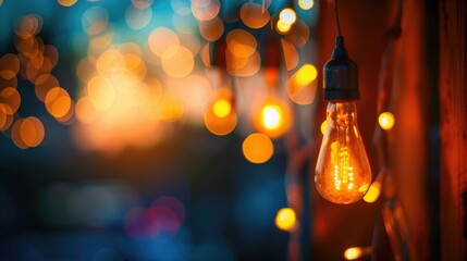 Sticker - Garland lights in glass bottles like a lightbulb with a blurry background