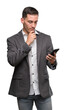 © Krakenimages.com - Handsome young man using smartphone serious face thinking about question, very confused idea