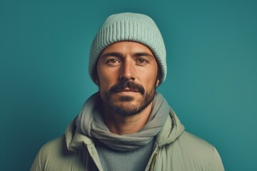 Wall Mural - Portrait of a glad man in his 30s donning a warm wool beanie on pastel teal background