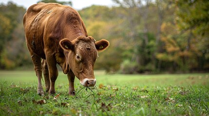 Poster - A Brown Cow Grazing in a Green Pasture