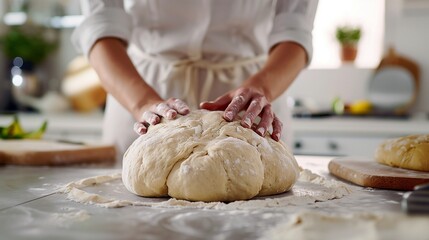 Woman's hands form dough for homemade craft bread.Female baker kneads dough in modern kitchen