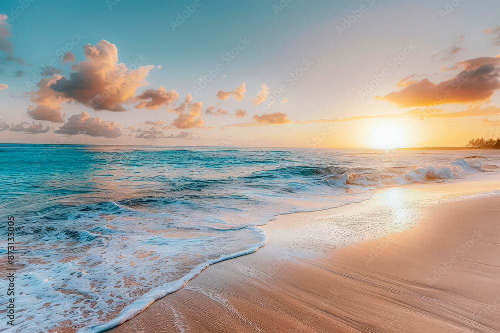 Tranquil beach scene with soft sand, gentle waves, and a blue sky ...
