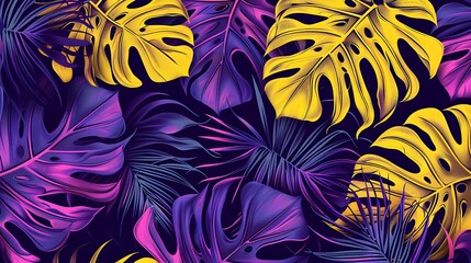 Bright neon yellow and purple tropical leaves, arranged in a simple and modern pattern,