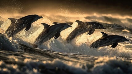 Wall Mural - Dolphins Leaping Through Waves at Sunset