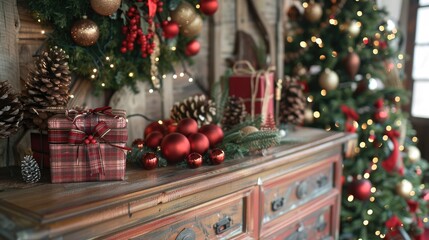 Poster - Christmas decor on antique dresser with handcrafted gifts and tree in the background