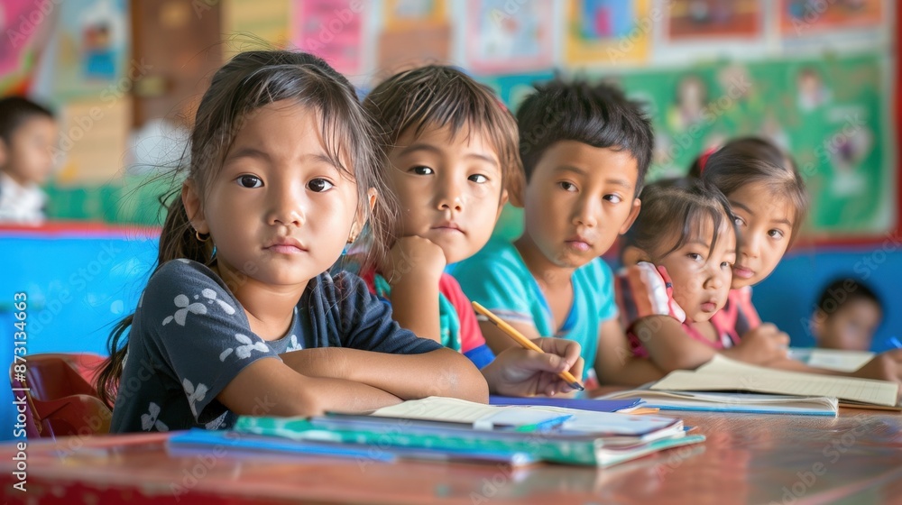 A group of children are sitting at a desk with pencils and books