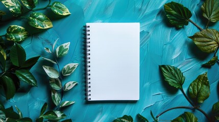 Wall Mural - Notebook with white paper leaves on a turquoise backdrop Ideal for education business and science