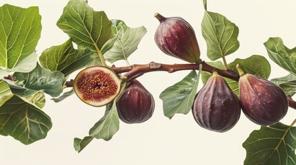figs on a fig tree branch with leaves