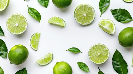 Wall Mural - Sliced lime with leaves on white background space for text Top down view