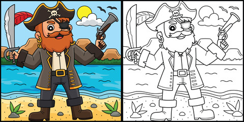 Poster - Pirate Captain Coloring Page Colored Illustration