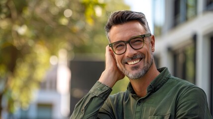 Wall Mural - Headshot of joyful man with glasses for vision and prescription lens. Young man smiles with new designer eyewear frame, optical fashion, and eye exam.