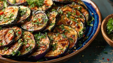 Wall Mural - Eggplant fried on blue dish