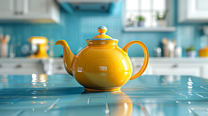 Yellow teapot on a blue kitchen countertop in a bright modern kitchen.