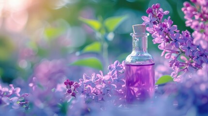 Wall Mural - Concentrated lilac essence in compact vial with focused background of natural environment