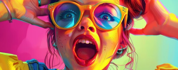 Wall Mural - A woman wearing colorful sunglasses and a green shirt is smiling. Free copy space for text.