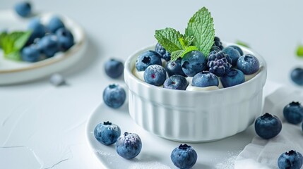 Poster - Blueberry and mint dessert photo for web design banner white background