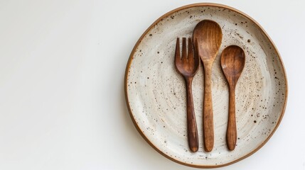 Sticker - Plate with utensils on white background from above