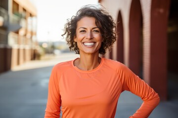 Wall Mural - Portrait of a grinning woman in her 40s wearing a moisture-wicking running shirt on soft orange background