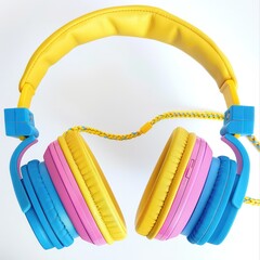 A pair of colorful headphones with a yellow and orange strap