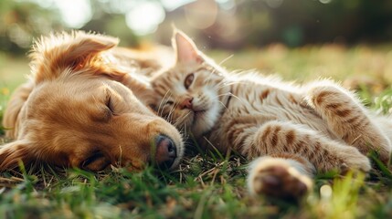 Canvas Print - Golden Retriever and Cat Napping in the Grass