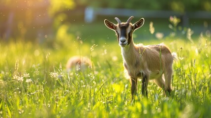 Wall Mural - Goat grazing in green pasture in the spring