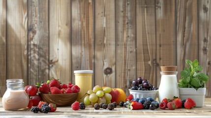 Wall Mural - Wooden backdrop with assorted yogurts and fruits for breakfast