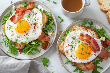 Wall Mural - Two plates of bacon and egg sandwiches sit on a table next to a cup of coffee