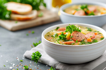 Canvas Print - A bowl of soup with meat and vegetables sits on a table