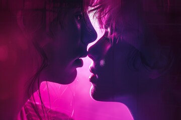 Wall Mural - Intimate photo of two women with neon light, capturing love and connection with vibrant, glowing colors.