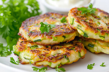 Wall Mural - A plate of zucchini fritters with parsley on the side