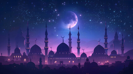 Poster - Moonlit Mosque Skyline for Eid Greeting. Ramadan Night Sky Over Islamic Cityscape. Eid Mubarak Festive City Glow Under Starry Sky design