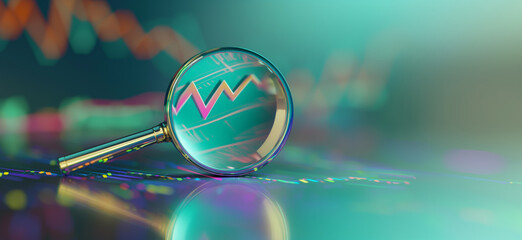 Wall Mural - magnifying glass over a colorful, blurred financial chart with an upward trend line, reflecting ligh
